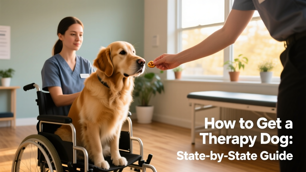 A handler and their golden retriever completing a therapy dog evaluation—dog calmly sitting beside a wheelchair while a tester offers treats