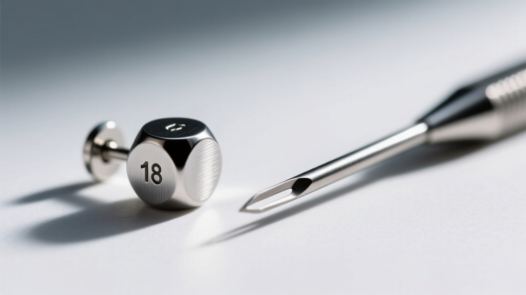 Macro shot of an 18-gauge titanium dice earring post next to a sewing needle, highlighting precise metal thickness for lobe health