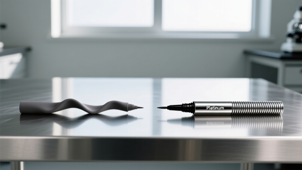 Side-by-side comparison of warped standard silicone liner versus rigid structural-rib platinum silicone liner on a stainless steel prep table.