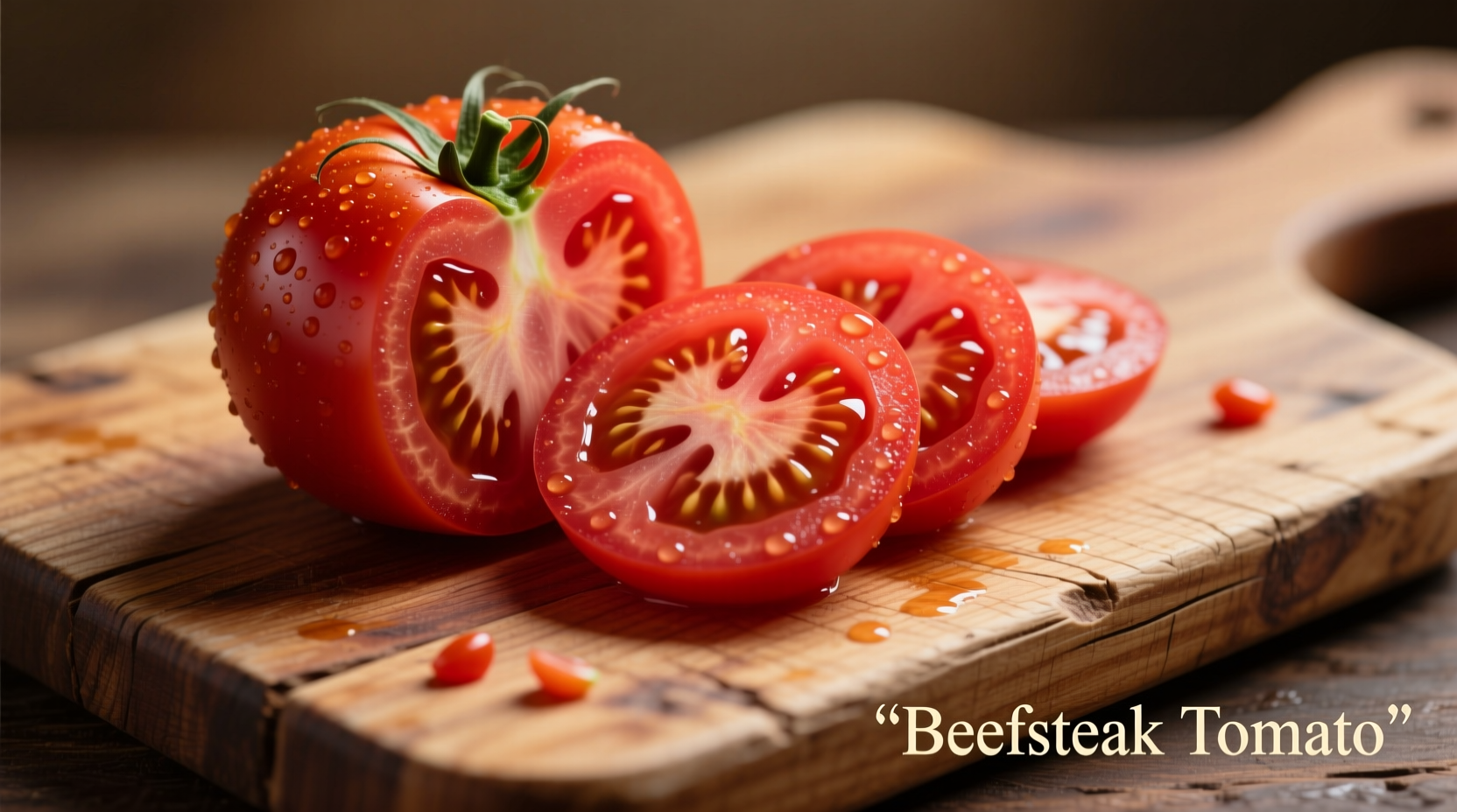 Freshly sliced beefsteak tomatoes on wooden cutting board