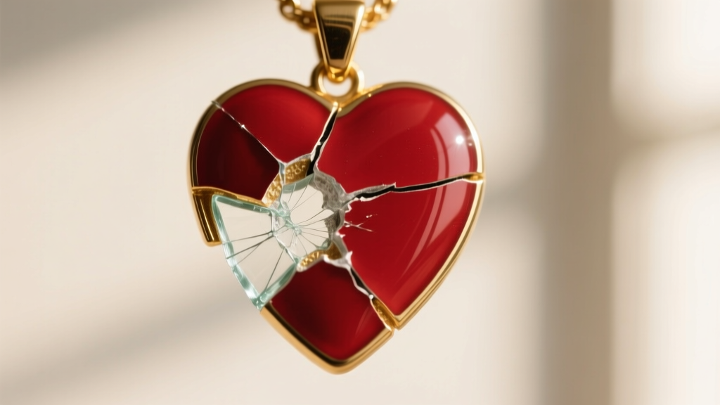 Macro shot of a chipped red enamel section on a gold sacred heart pendant, revealing the textured metal base underneath the glass.