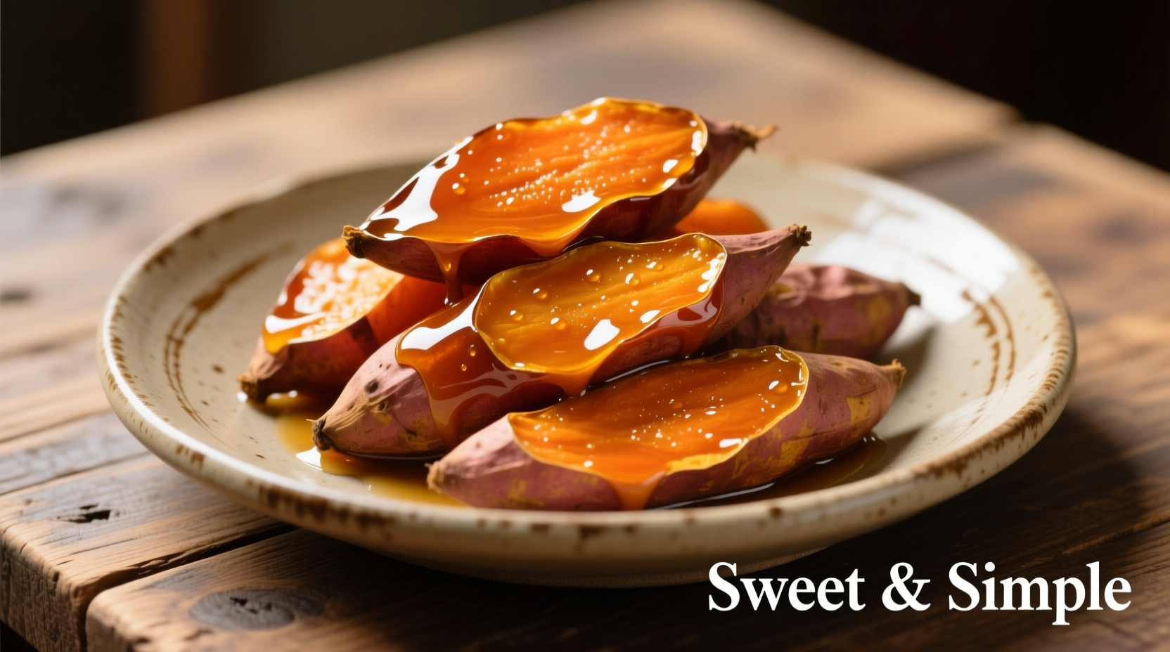 Glossy candied sweet potatoes in ceramic dish