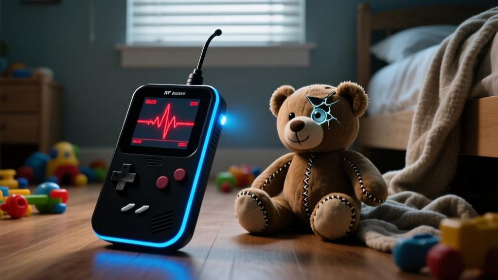 A handheld RF signal detector disguised as a gaming console scanning a suspicious toy bear in a dimly lit bedroom