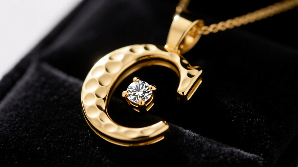 Macro shot of an 18k yellow gold letter C pendant with a hammered Florentine finish and a bezel-set diamond on dark velvet.
