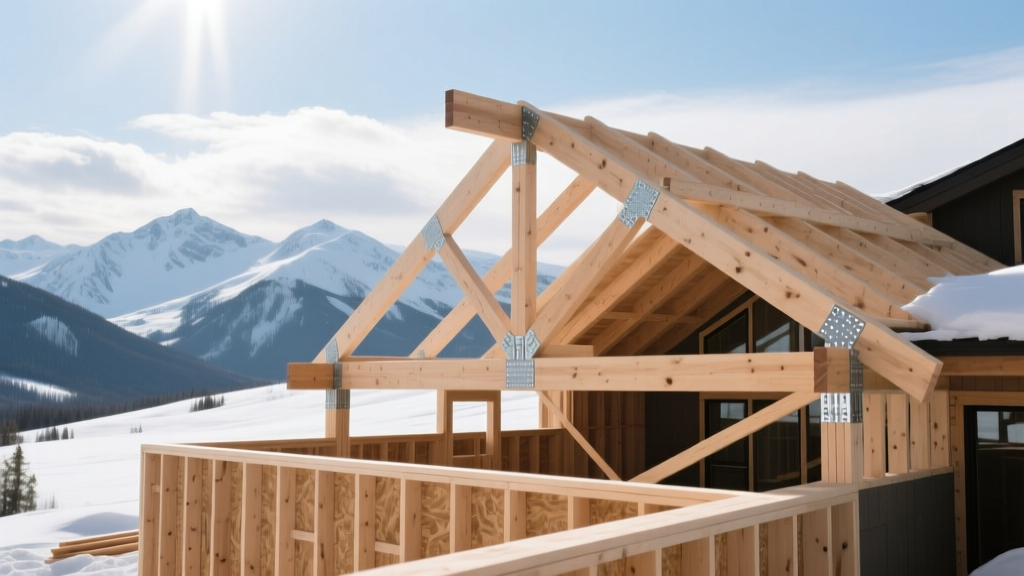 Modern timber-frame mountain home under construction in Colorado with snow-capped peaks in background and engineered roof trusses visible