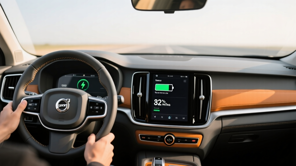 Interior dashboard display of Volvo XC60 Recharge showing battery charge level at 87 percent and estimated electric range of 32 miles