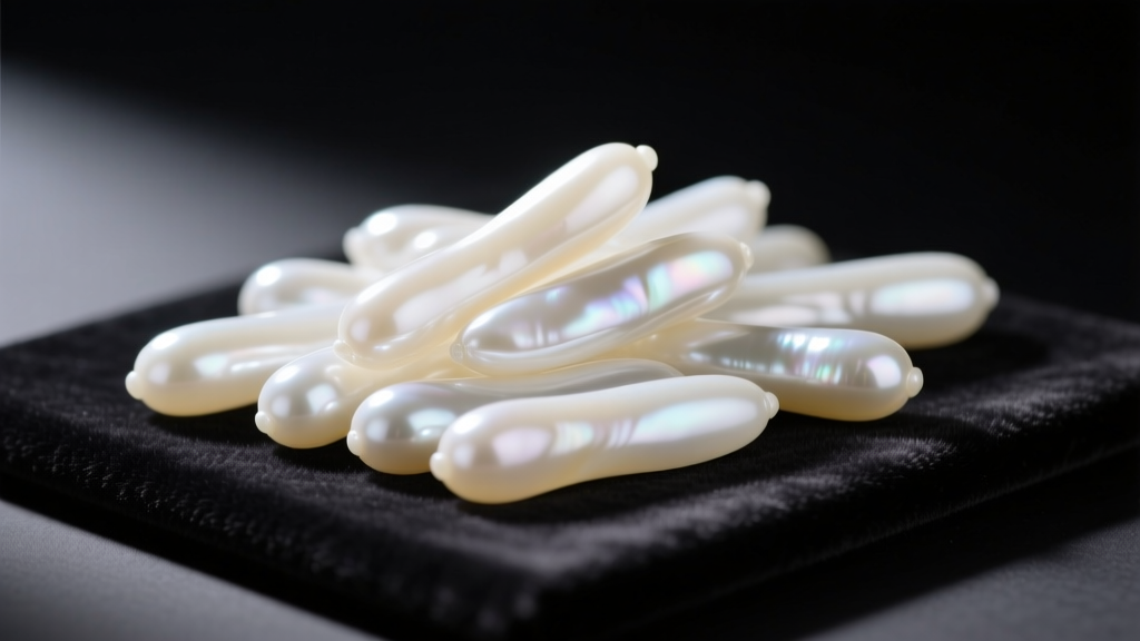 Macro shot of elongated white freshwater rice pearls displaying high luster and cream overtones resting on a dark charcoal velvet pad