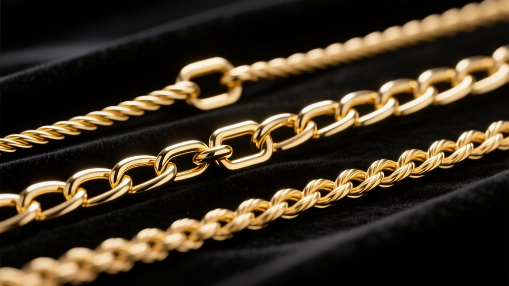 Macro photography of three different gold chain styles, cable, box, and rope, laid parallel on dark velvet to show link thickness