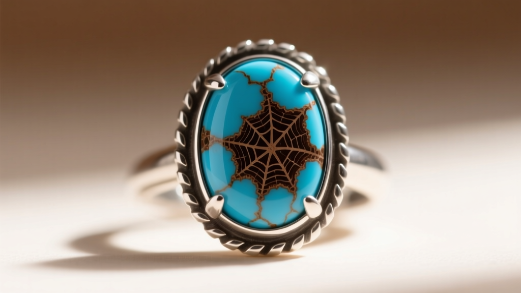 Macro photography of a Kingman turquoise cabochon in a serrated sterling silver bezel, highlighting the dark brown matrix webbing