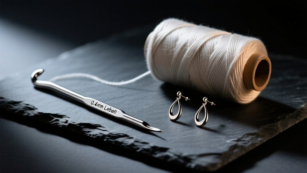 0.4mm steel crochet hook, mercerized cotton thread spool, and titanium earring posts on dark slate, moody studio lighting setup.
