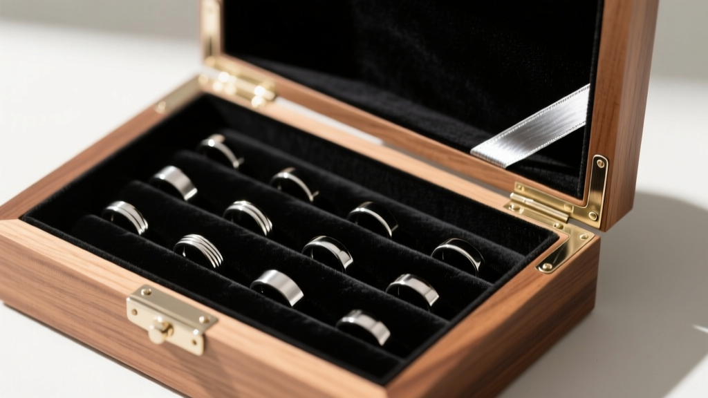 Interior of a custom woodworking jewelry box with black velvet lining, silver ring rolls, and anti-tarnish strips tucked in corners