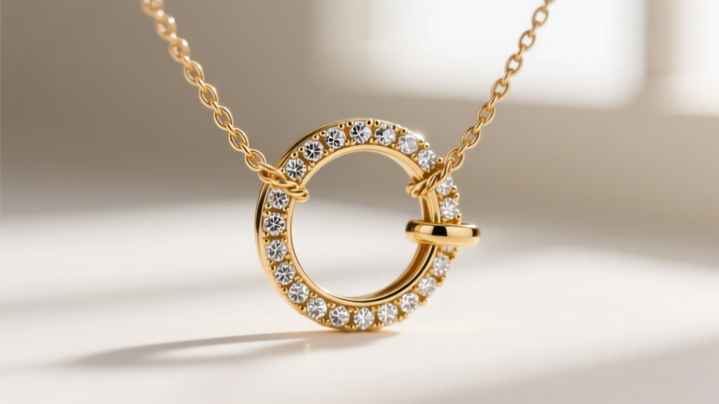 Macro shot of a 1.0mm rope chain passing through a 3mm gold-filled jump ring on a decorative diamond necklace shortener clasp