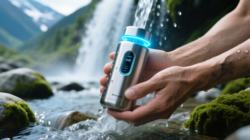 Hands holding stainless steel UV-C purifier bottle under a mountain stream, digital cap displaying glowing blue purification cycle