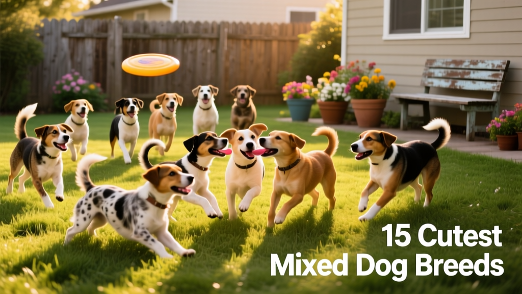 A joyful group of mixed-breed dogs playing together in a sunlit backyard