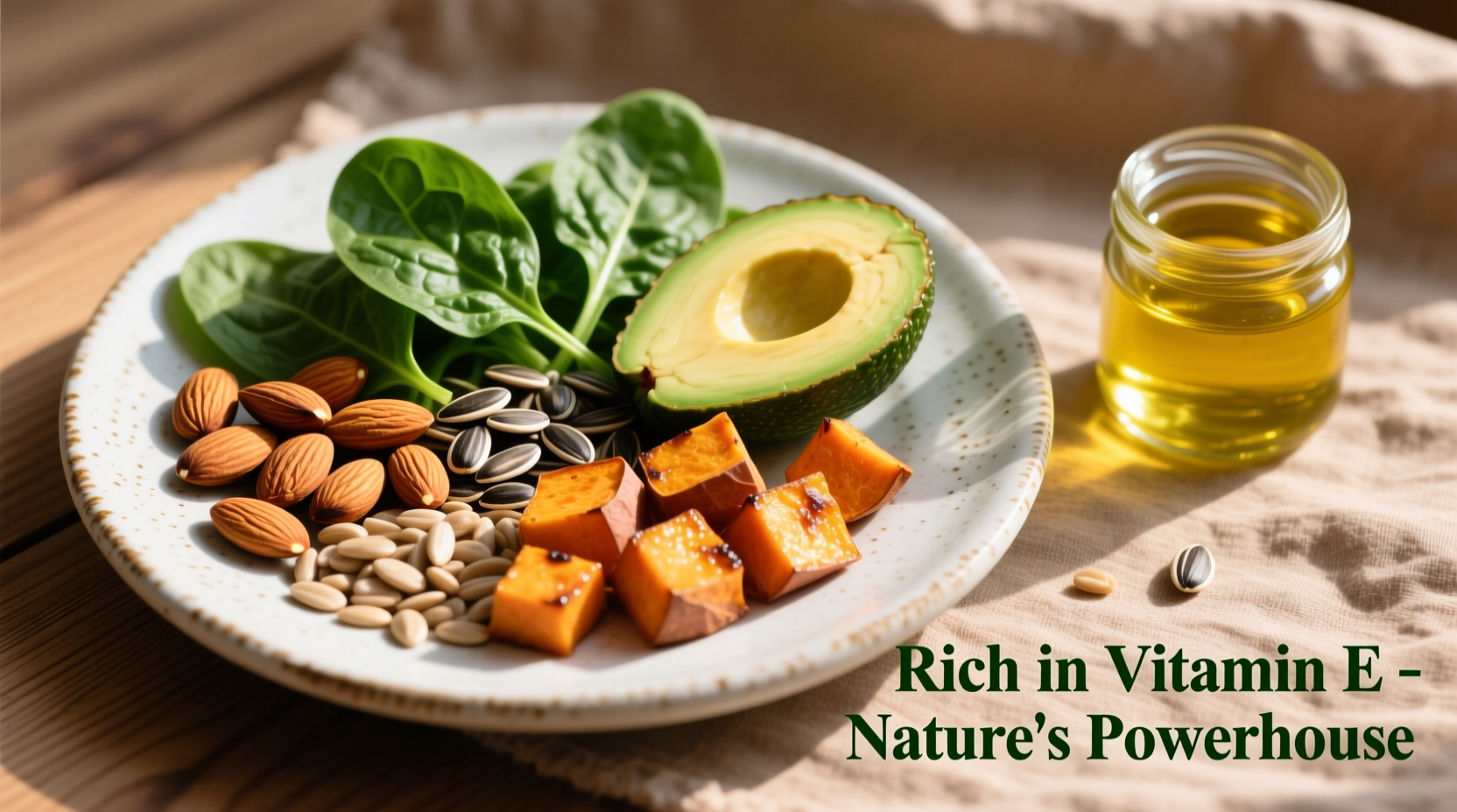 Colorful plate of vitamin E rich foods including almonds and spinach