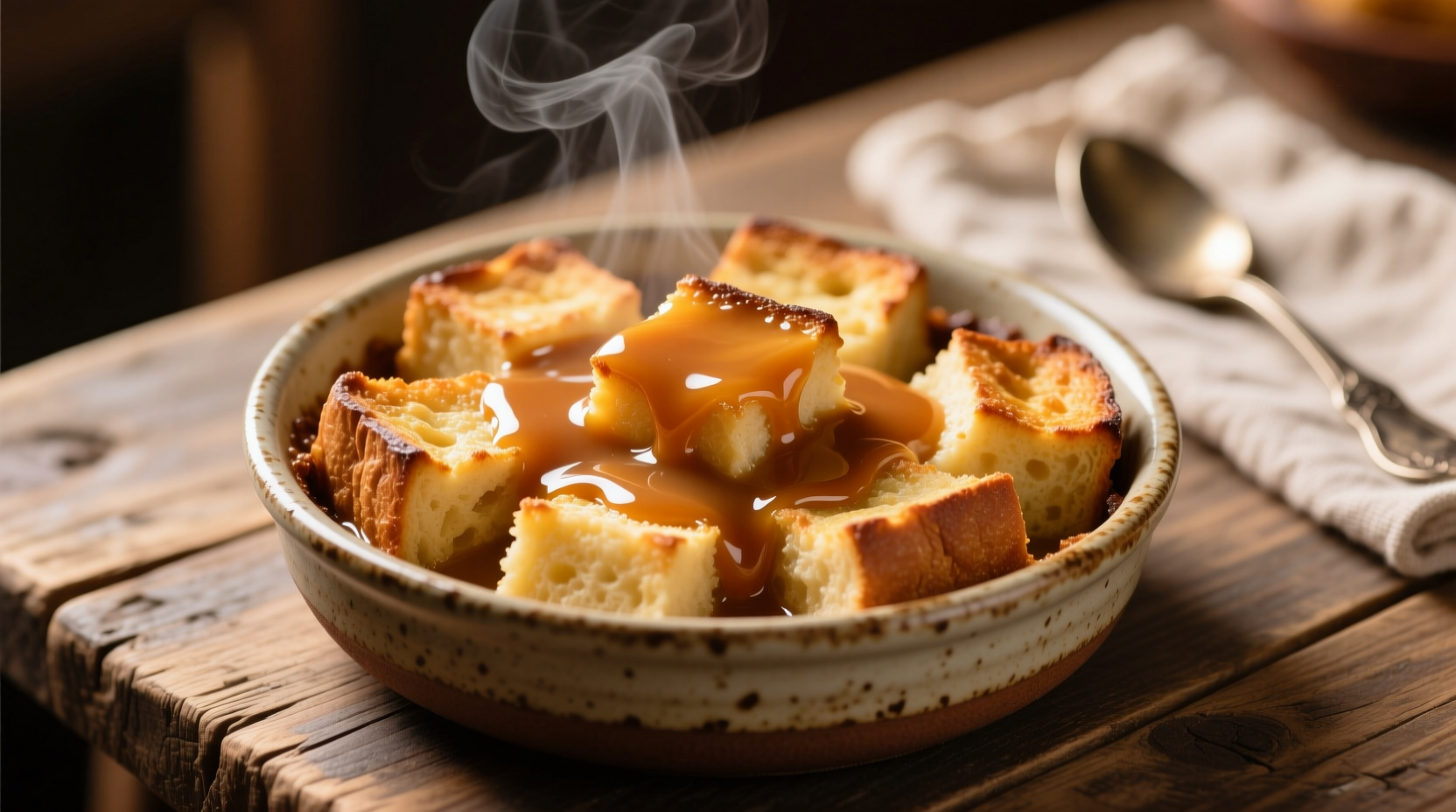 Homemade bread pudding with caramel sauce