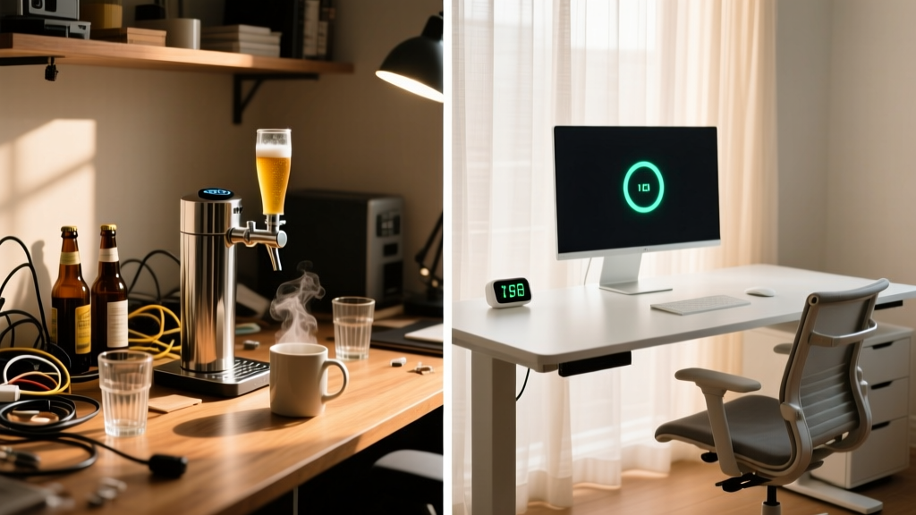 Split-screen workspace showing a messy desk with a smart beer tap versus a minimalist standing desk with a digital focus timer