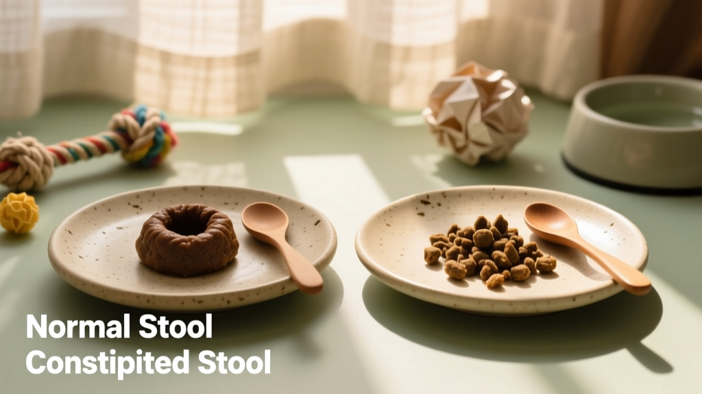 Side-by-side comparison of normal cat stool (moist, formed) and constipated stool (dry, pellet-like)