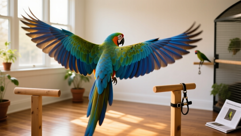 Close-up of a macaw’s wings mid-flap during a low, controlled flight between two perches indoors