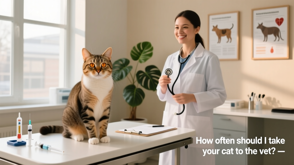 A calm, well-groomed adult cat sitting on an exam table during a routine vet checkup