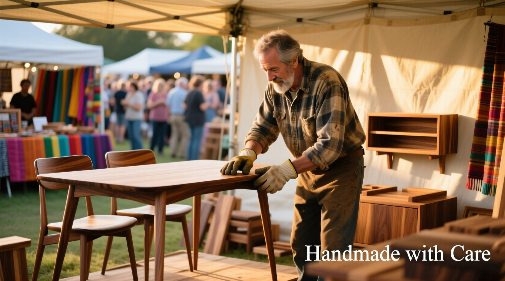 Woodworker arranging handcrafted furniture display at craft fair booth