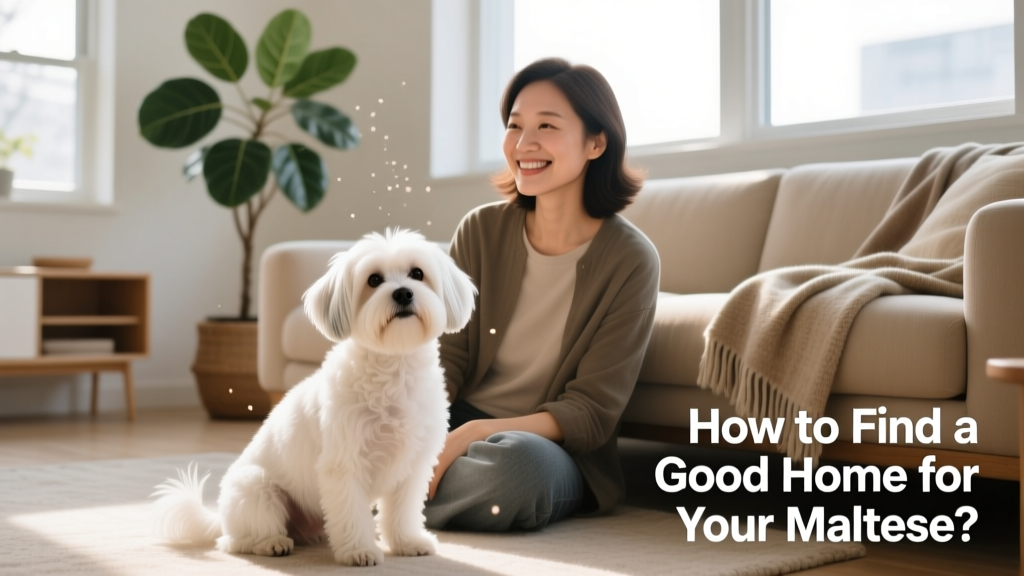 A calm, well-groomed Maltese sitting beside a smiling adult in a sunlit living room
