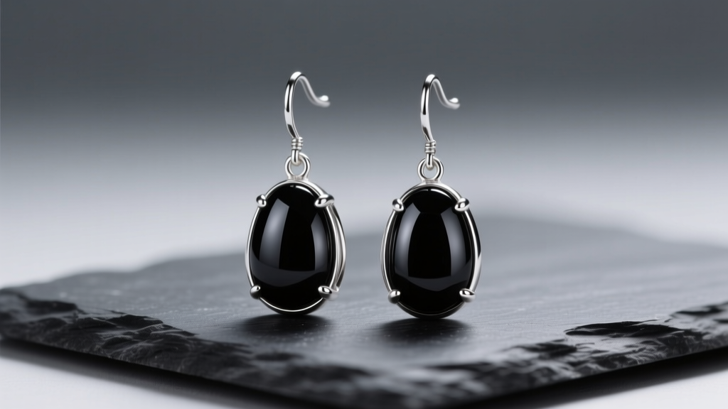 Sterling silver black onyx drop earrings on dark slate, lit by soft studio lighting, macro jewelry photography.