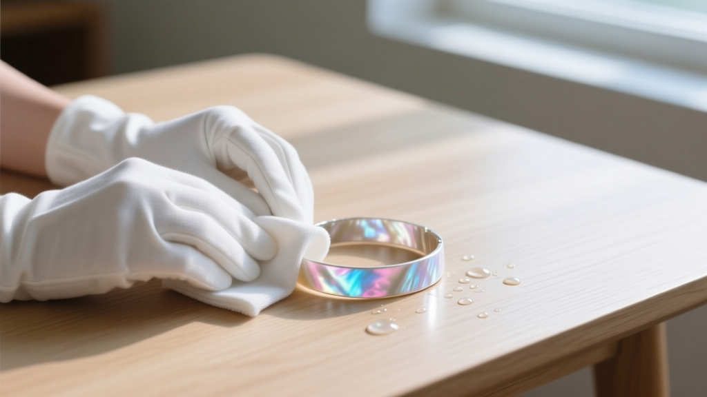 Hands in white cotton gloves gently wiping a mother-of-pearl bracelet with a damp microfiber cloth on a clean, light wooden table.