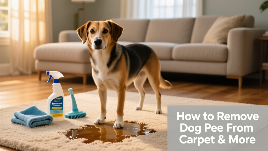 Dog standing near a damp spot on carpet, with cleaning supplies nearby