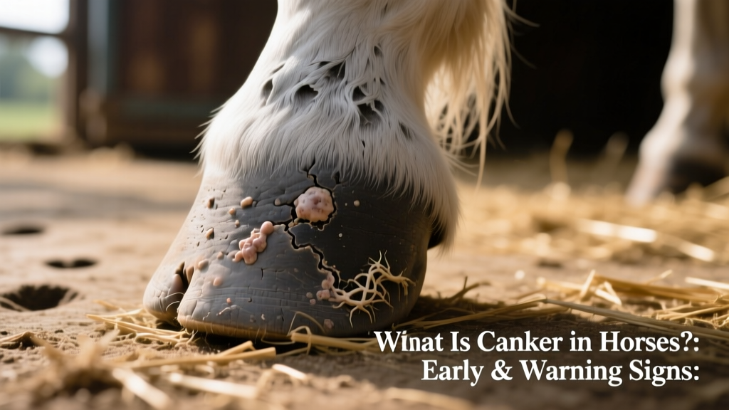 Close-up of a horse's hoof showing early-stage canker: grayish, wart-like tissue on the frog