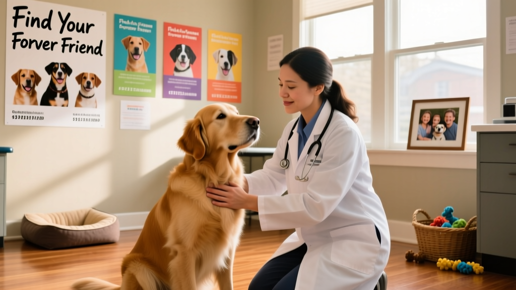 A veterinarian gently examining a calm, seated dog during a wellness check, with adoption flyers visible on the clinic wall