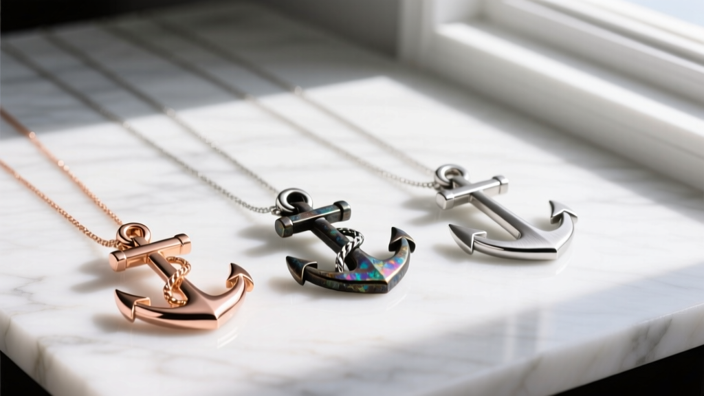 Three distinct anchor necklaces laid side-by-side on white marble: rose gold, oxidized sterling silver, and brushed titanium.