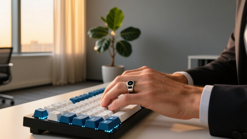 Close-up of a professional wearing a titanium Oura Ring Gen 4 while typing on a mechanical keyboard with soft ambient office lighting