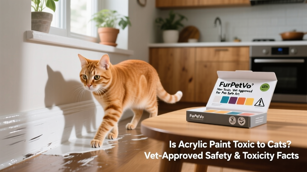 A cat cautiously stepping around a freshly painted baseboard, with a small, sealed FurPetVo acrylic craft set visible on a nearby table