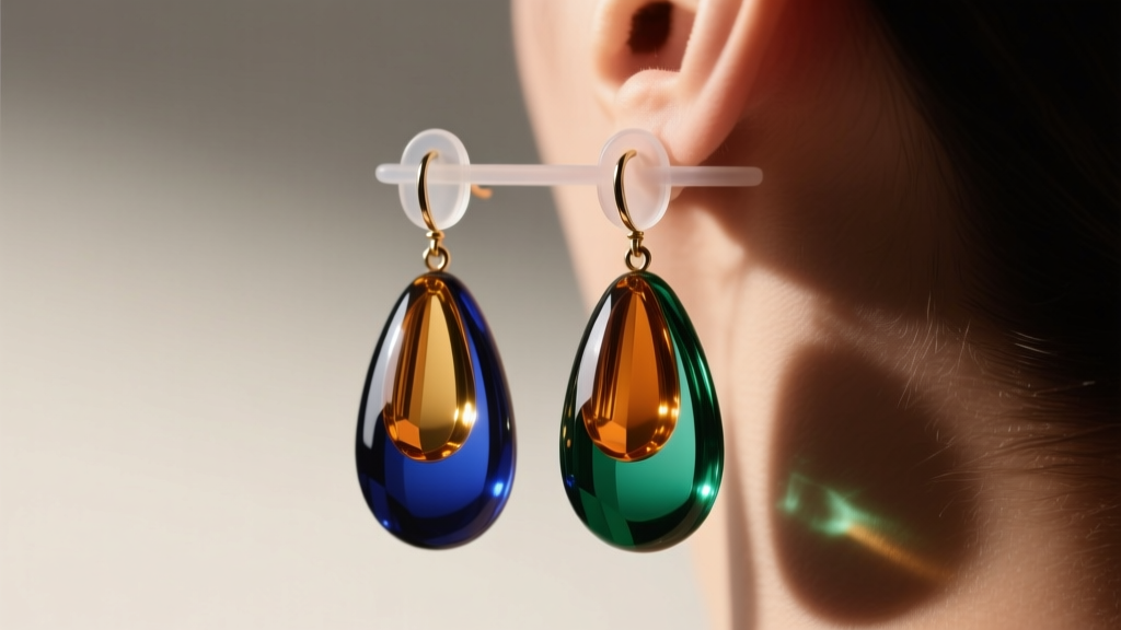 Side view of heavy Roman glass drop earrings supported by clear silicone patches to prevent earlobe piercing tearing from weight