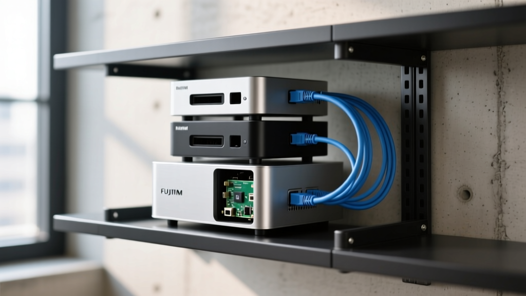 A sleek home server rack shelf displaying three stacked Mini PCs and a Raspberry Pi in an aluminum NAS enclosure, with blue Ethernet cables neatly routed.