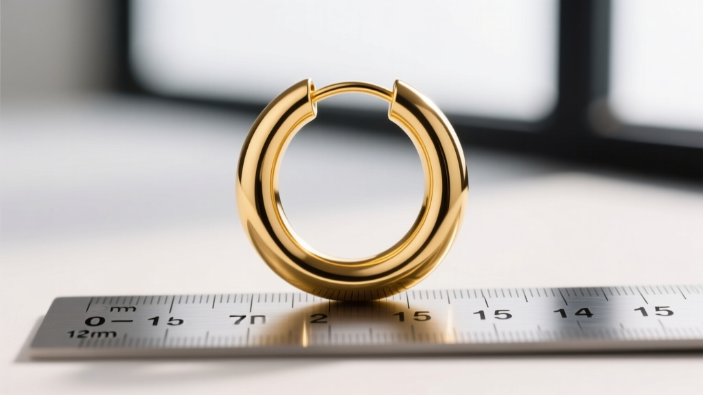 Macro photography of an 18-gauge yellow gold continuous hoop earring resting on a millimeter ruler, showing exactly 12mm diameter