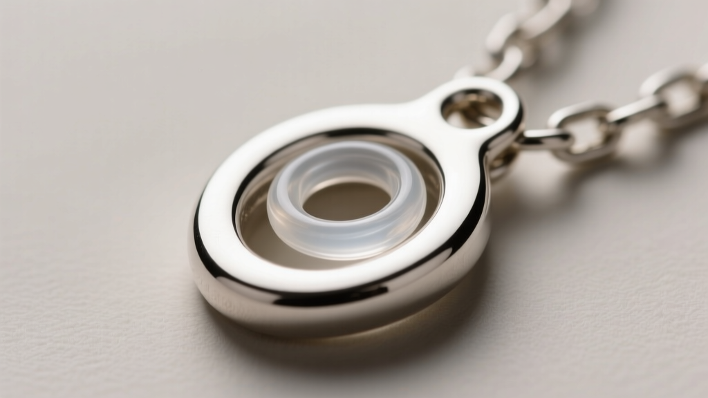 Macro view of a sterling silver pendant bail featuring a tiny clear silicone o-ring inserted inside to increase chain friction.