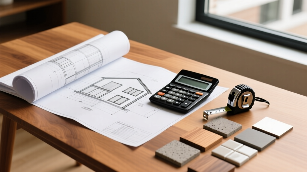Architectural blueprints spread on a wooden table next to a calculator, tape measure, and material samples for planning a new home construction budget