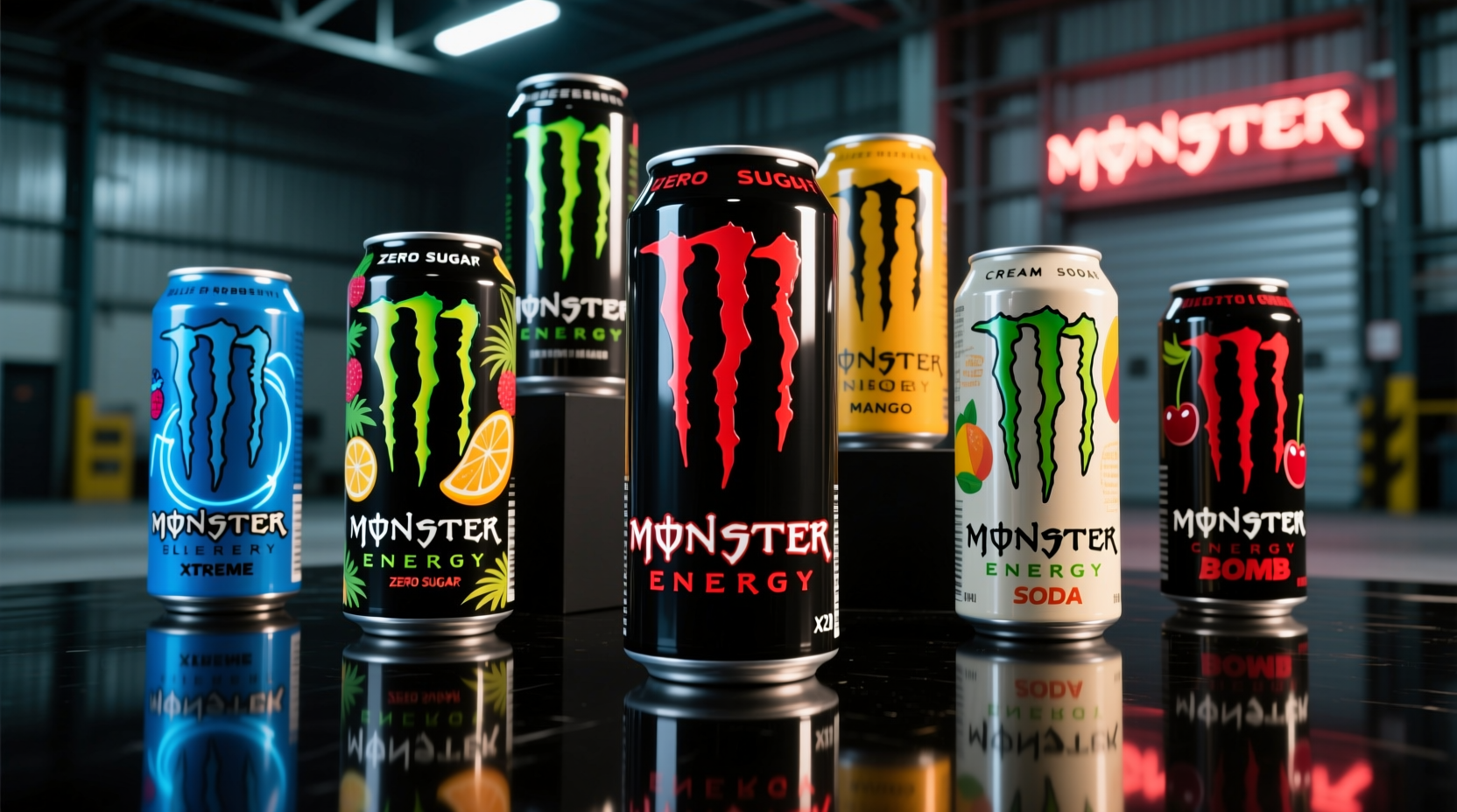 Monster Energy drink cans showing various flavors