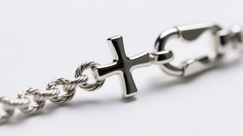Macro shot of a 1.5mm sterling silver rope chain threaded through a cross bail, showing detailed links and a secure lobster clasp