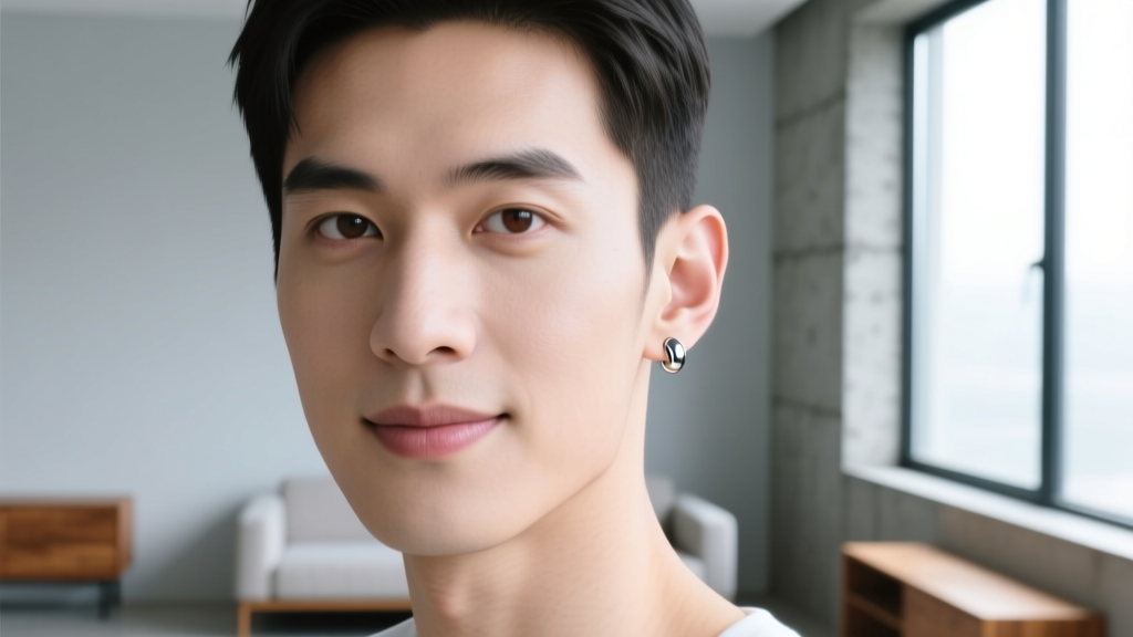 Young man with a single minimalist titanium stud in his left ear lobe, looking confidently at the camera in soft natural daylight