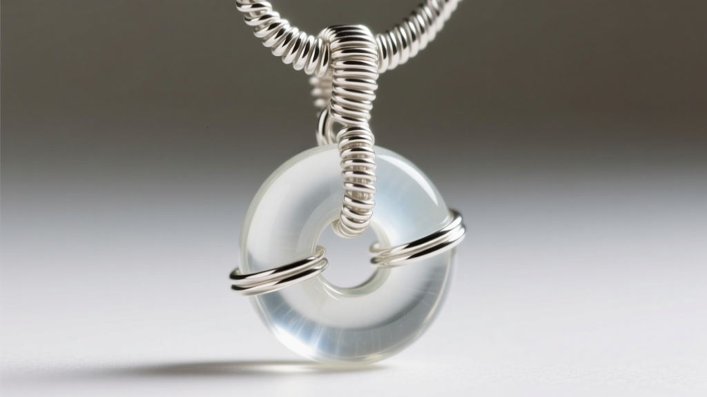 Macro shot of a silver wire wrap bail securing a glass donut pendant, showing tight even coils against the polished stone edge.