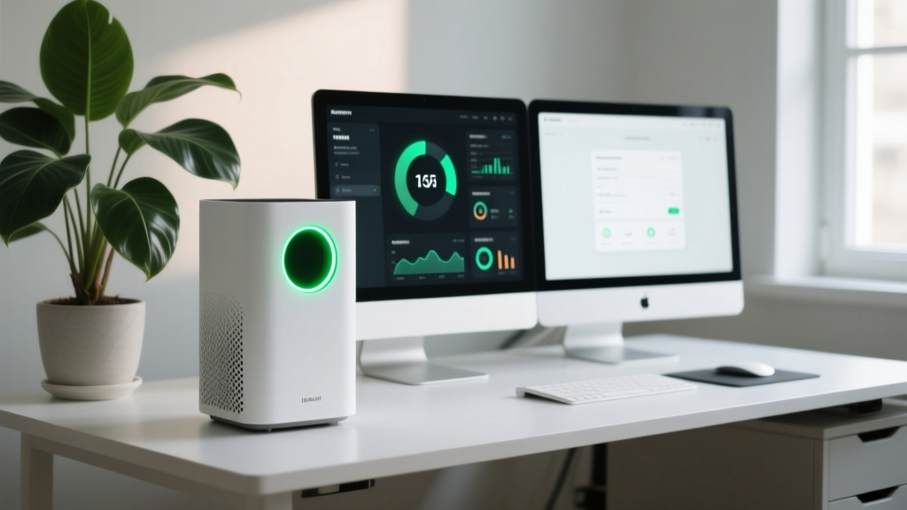 Smart white air purifier displaying a green air quality index LED ring next to a dual-monitor workspace setup and potted plant.