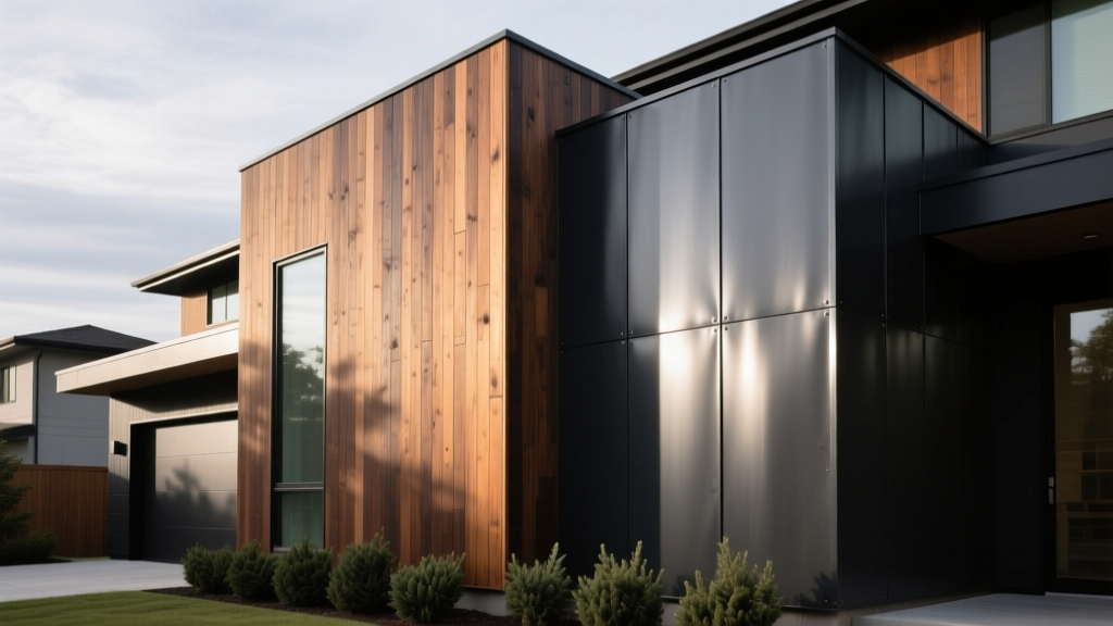 Modern home exterior with dark stained thermally modified ash wood siding installed vertically beside charcoal recycled metal panels