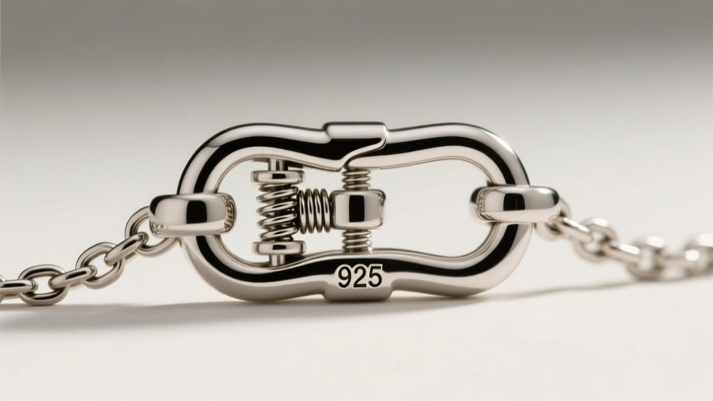 Macro shot of sterling silver lobster clasp on 1.5mm rolo chain, showing mechanical spring tension and 925 hallmark stamp detail.