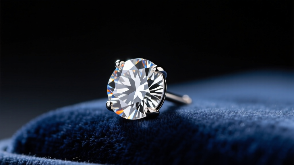 Macro shot of a 0.50-carat round brilliant diamond stud earring on velvet, highlighting its 5.2mm spread and faceted brilliance.