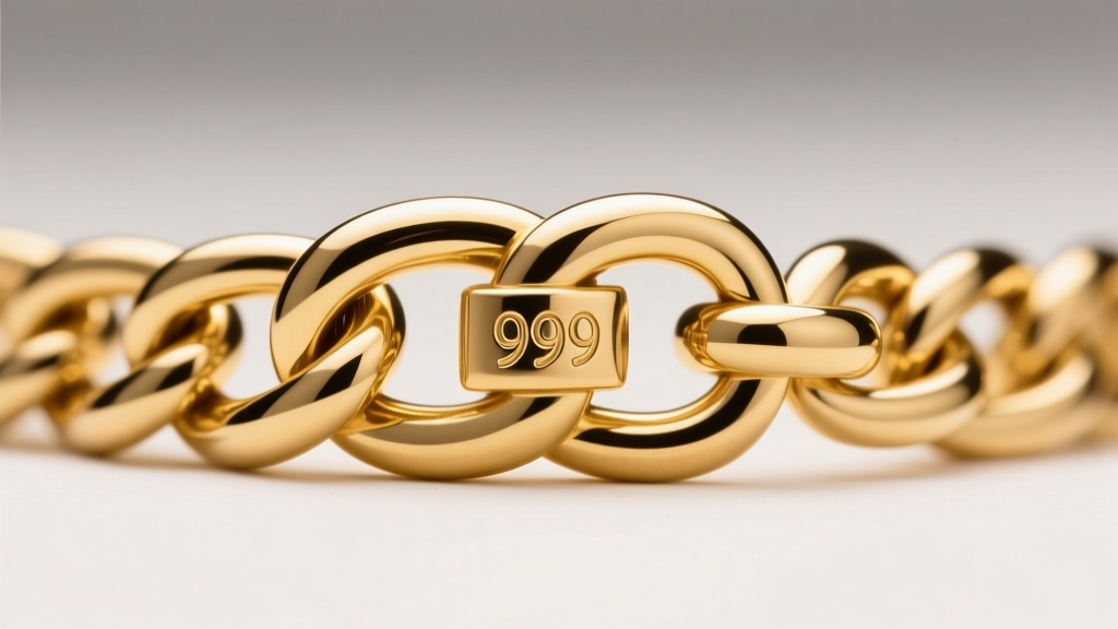 Macro photography of a heavy 24 karat gold curb chain toggle clasp, showing the 999 purity hallmark stamped clearly on the metal.