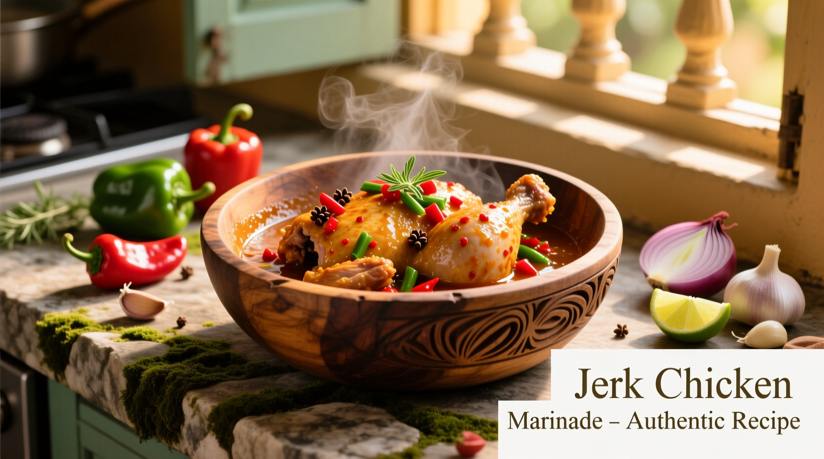 Jerk chicken marinating in traditional wooden bowl