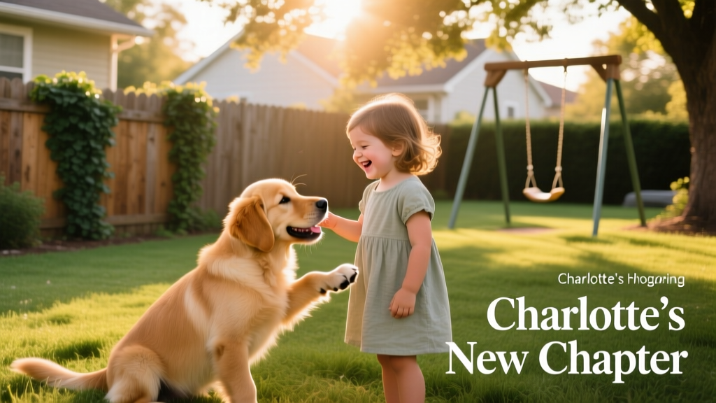 A happy, relaxed puppy playing gently with a child in a sunlit backyard, symbolizing Charlotte's hopeful future